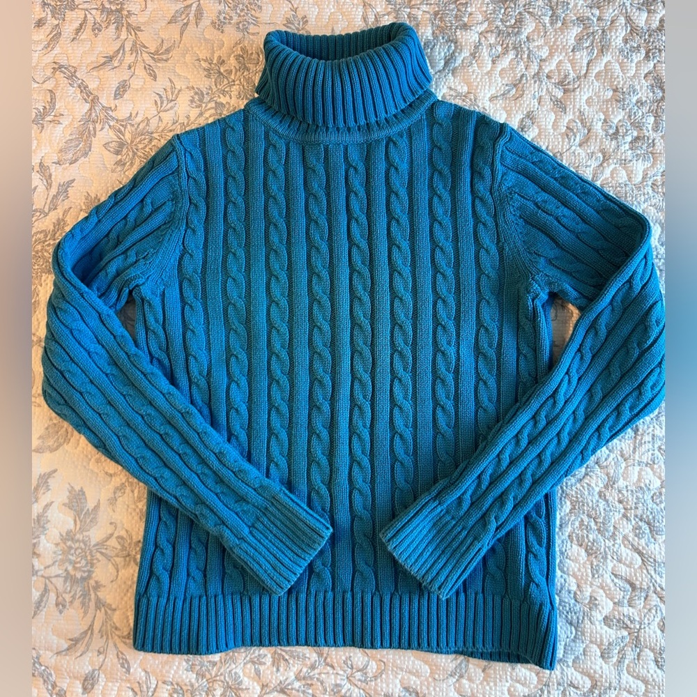 L.L. Bean Teal Cable Knit Turtleneck Sweater